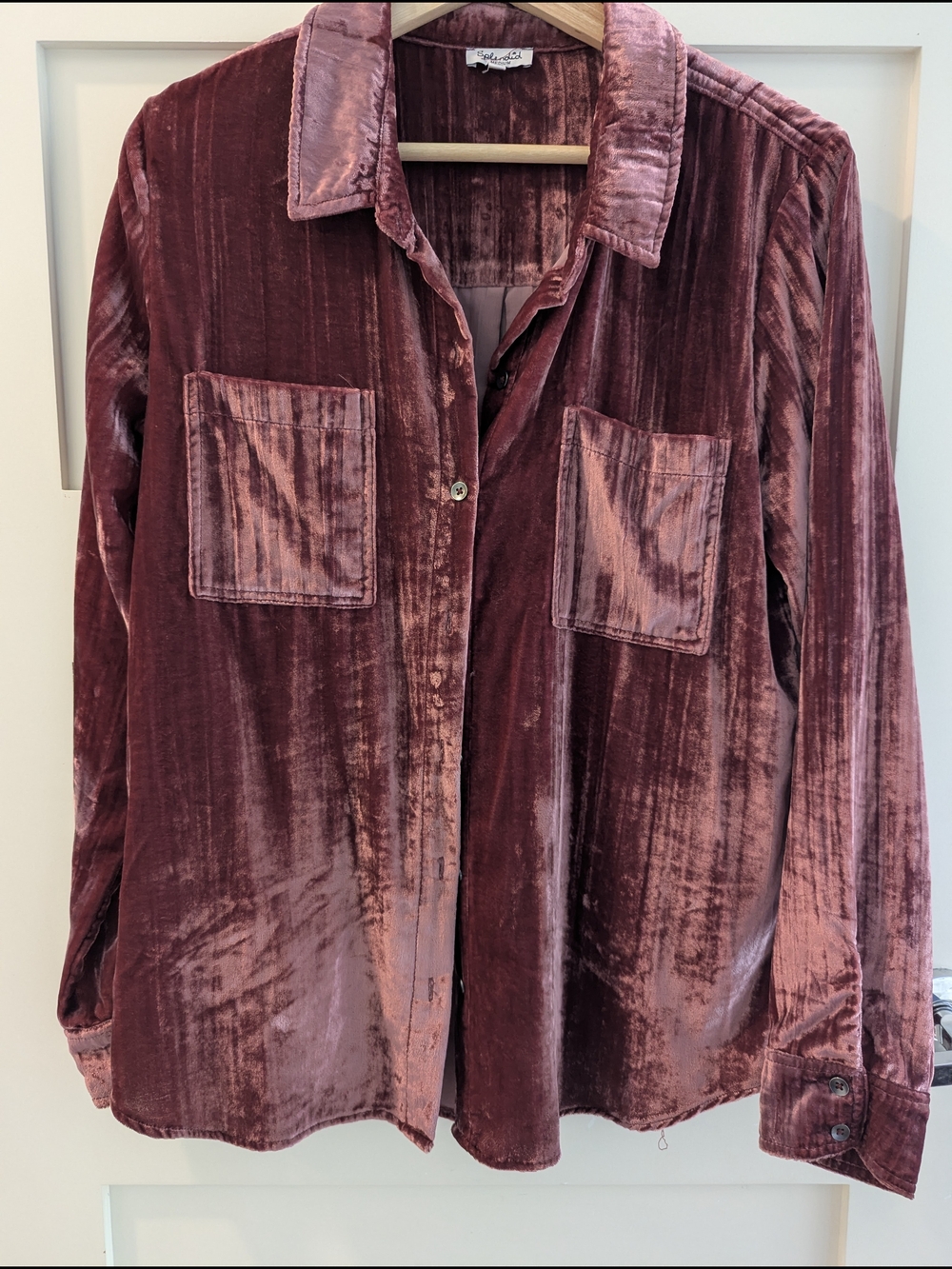 Splendid Crushed Velvet Button-Down Shirt in Rose Burgundy